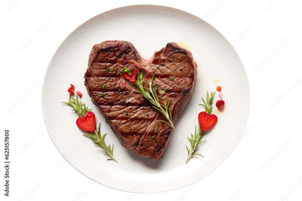 Heart Shaped Plate With Steak, Png. Generative AI