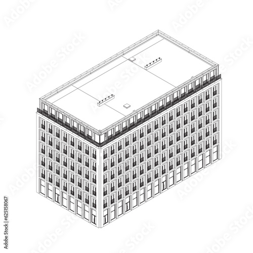 Contour detailed multi-storey building in flat style. Multi storey building vector sign, symbol, vector illustration. Isometric view.