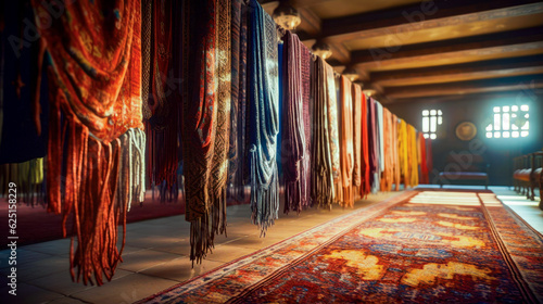 Row of colorful rugs hanging on wall next to doorway. Generative AI. #625158229