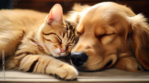 Sweet cat and dog are sleeping together. Generative AI.