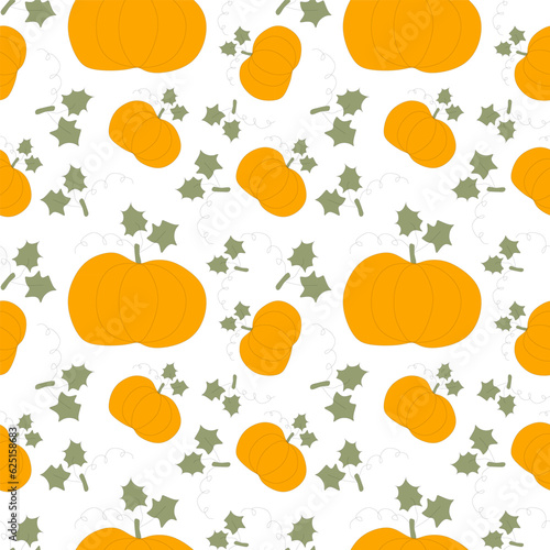 Fototapeta Naklejka Na Ścianę i Meble -  Seamless pumpkin pattern. Orange vegetables with leaves isolated on background. Loopable vector plant template for decoration, harvest festival, banner, postcard. Halloween Design graphic illustration