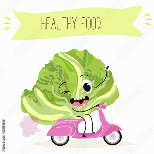 Illustration with funny cartoon characters romano, lettuce,iceberg, salad, vegetable. Funny and healthy food. Vitamins, cute face food, ingredients, vegetarian, vector cartoon.