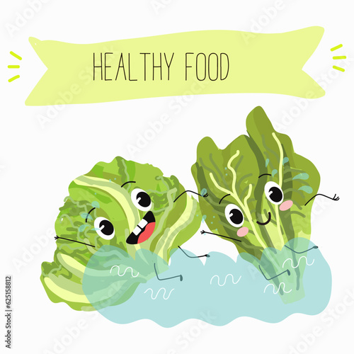 Illustration with funny cartoon characters romano, lettuce,iceberg, salad, vegetable. Funny and healthy food. Vitamins, cute face food, ingredients, vegetarian, vector cartoon.