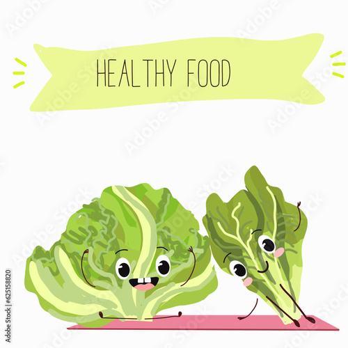 Illustration with funny cartoon characters romano, lettuce,iceberg, salad, vegetable. Funny and healthy food. Vitamins, cute face food, ingredients, vegetarian, vector cartoon.