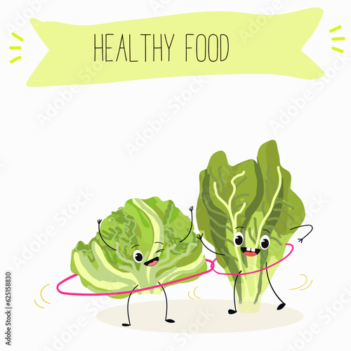 Illustration with funny cartoon characters romano, lettuce,iceberg, salad, vegetable. Funny and healthy food. Vitamins, cute face food, ingredients, vegetarian, vector cartoon.