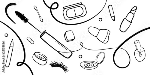 Mascara cosmetics outline. Eyeliner makeup continuous one line drawing. Decorative eyebrow cosmetics on white background. Wrapping paper cosmetics background