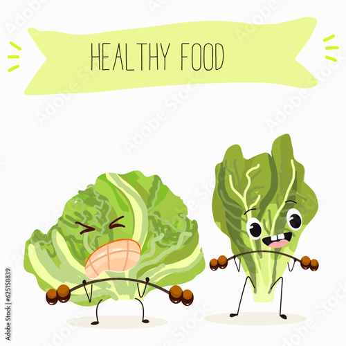 Illustration with funny cartoon characters romano, lettuce,iceberg, salad, vegetable. Funny and healthy food. Vitamins, cute face food, ingredients, vegetarian, vector cartoon.