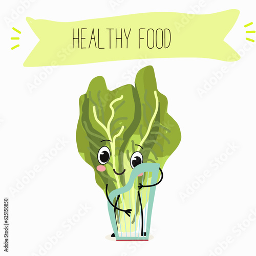 Illustration with funny cartoon characters romano, lettuce,iceberg, salad, vegetable. Funny and healthy food. Vitamins, cute face food, ingredients, vegetarian, vector cartoon.