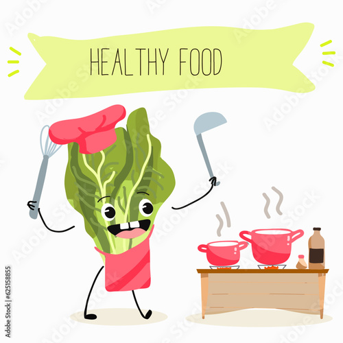 Illustration with funny cartoon characters romano, lettuce,iceberg, salad, vegetable. Funny and healthy food. Vitamins, cute face food, ingredients, vegetarian, vector cartoon.