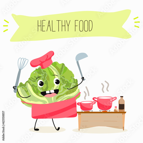 Illustration with funny cartoon characters romano, lettuce,iceberg, salad, vegetable. Funny and healthy food. Vitamins, cute face food, ingredients, vegetarian, vector cartoon.