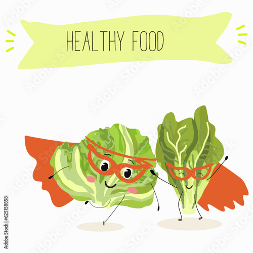 Illustration with funny cartoon characters romano, lettuce,iceberg, salad, vegetable. Funny and healthy food. Vitamins, cute face food, ingredients, vegetarian, vector cartoon.
