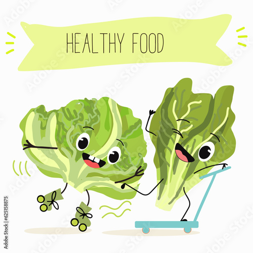 Illustration with funny cartoon characters romano, lettuce,iceberg, salad, vegetable. Funny and healthy food. Vitamins, cute face food, ingredients, vegetarian, vector cartoon.
