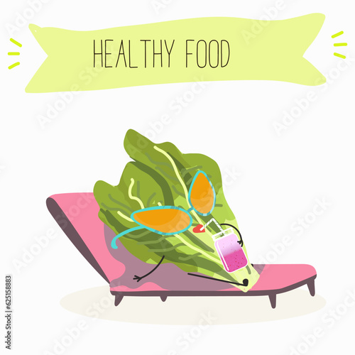 Illustration with funny cartoon characters romano, lettuce,iceberg, salad, vegetable. Funny and healthy food. Vitamins, cute face food, ingredients, vegetarian, vector cartoon.