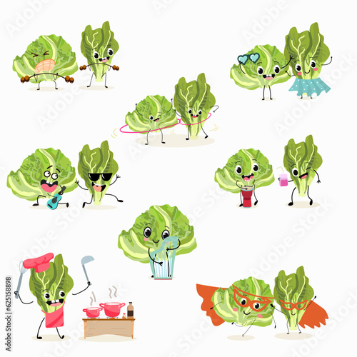 Illustration vector set, collection with funny  fresh
romano, lettuce,iceberg, salad, vegetable characters doing sports, playing musical instruments. Vector cartoon, agriculture, raw.