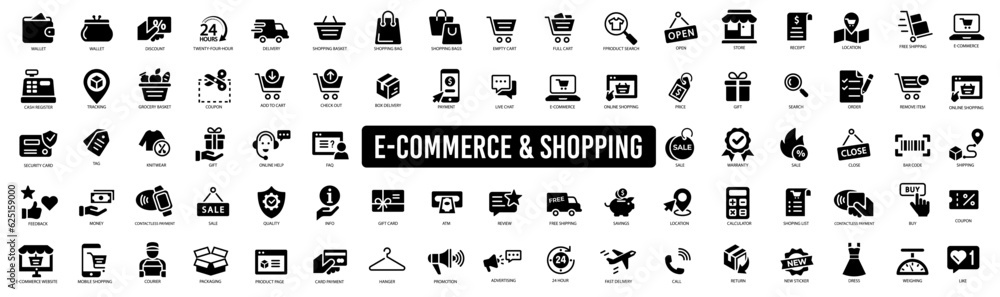 E-commerce shopping icons set. Online shopping icons set and payment elements. Vector illustration - obrazy, fototapety, plakaty 