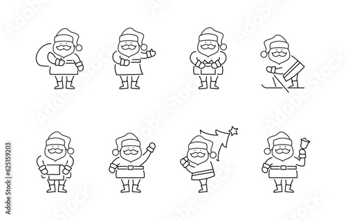 Cute funny Santa Claus icon set celebrating Christmas New Year. Happy Santa bag and presents, skiing having fun using notebook funny cartoon characters icons