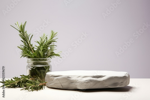 Mock-Up For Cosmetics. Empty White Podium Stone On White Background, Rosemary Next To It. Generative AI photo