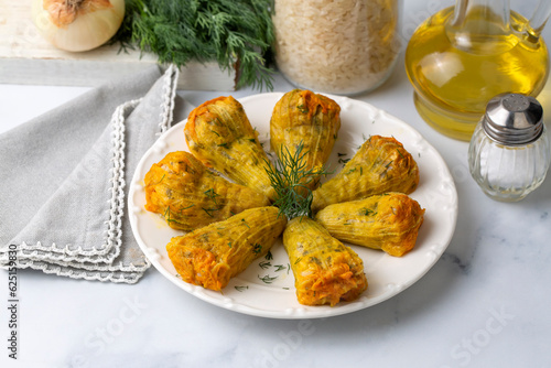 Traditional delicious Turkish - Greek cuisine, Turkish food; Stuffed zucchini flowers (Turkish name; kabak cicegi dolmasi) photo