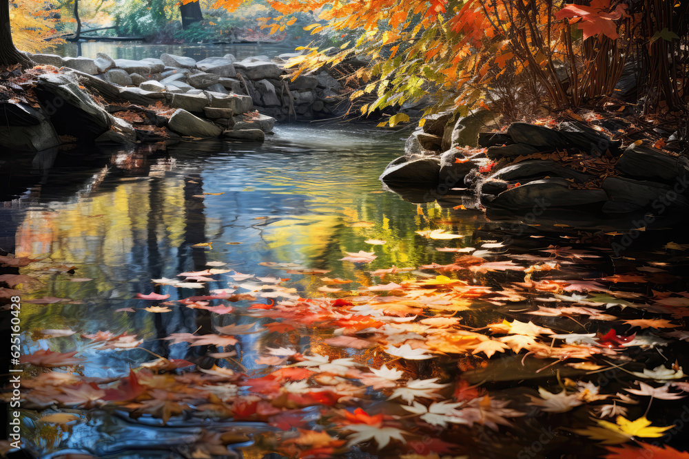 Tranquil Pond Reflecting The Vibrant Colors Of Autumn Leaves. Generative AI Tranquil Pond Reflecting The Vibrant Colors Of Autumn Leaves. Generative AI