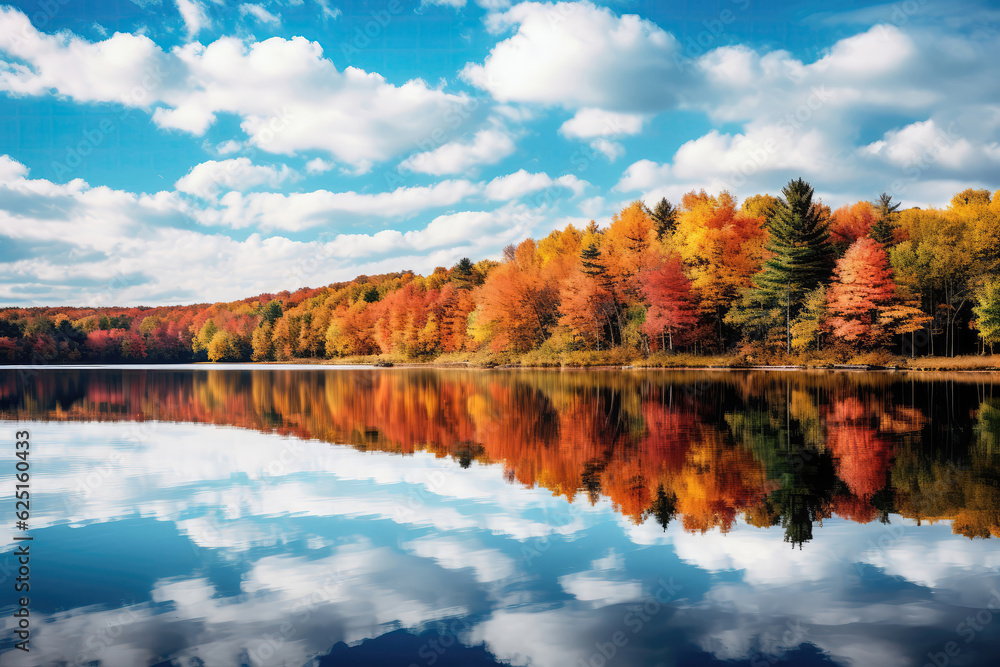 Fall Foliage Reflection In Calm Lake Surrounded By Trees. Generative AI