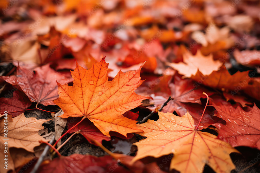 Maple Leaves Scattered On The Ground In Urban Park. Generative AI Maple Leaves Scattered On The Ground In Urban Park. Generative AI