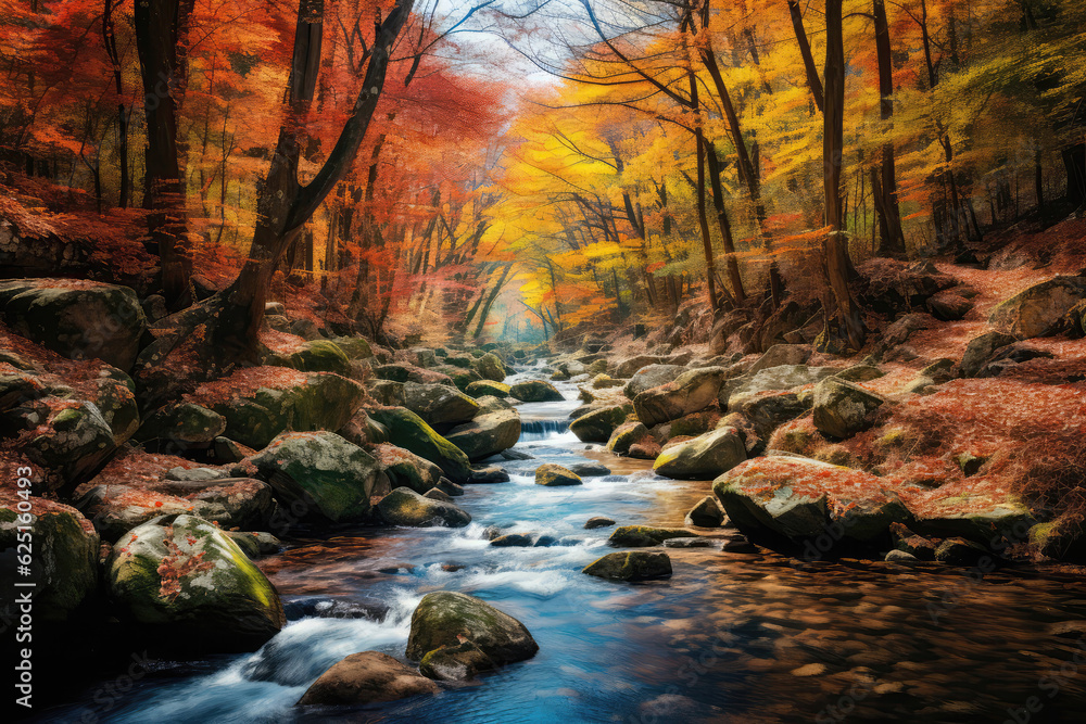 Forest Stream Surrounded By Colorful Autumn Trees. Generative AI