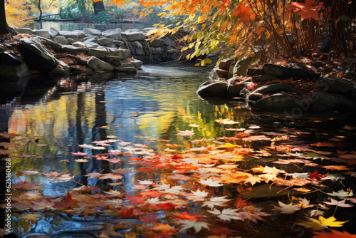 Tranquil Pond Reflecting The Vibrant Colors Of Autumn Leaves. Generative AI