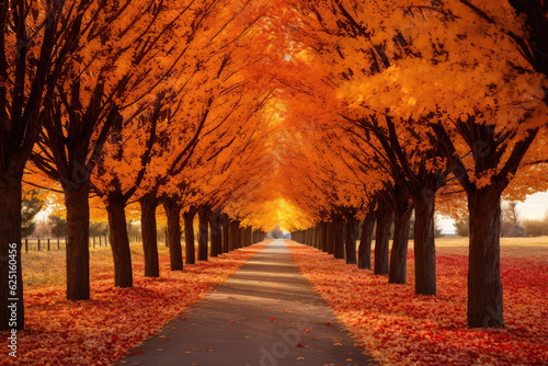 Pathway Lined With Trees Showing Off Their Autumn Foliage. Generative AI