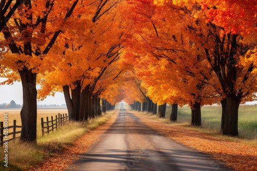 Maple Trees Lining Picturesque Autumn Road In The Countryside. Generative AI