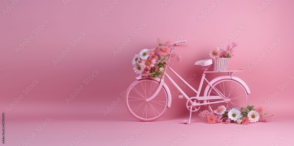 Vintage women's bicycle decorated with fresh flowers isolated on flat pink background with copy space. Creative concept for spring sale of women's bicycles.