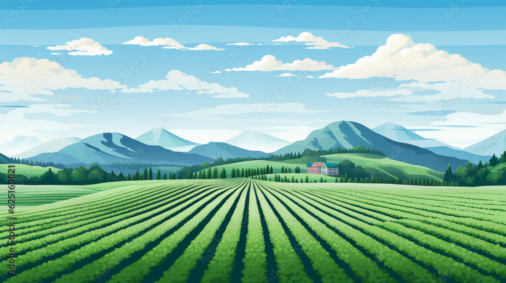 丘の中腹に広がる縞模様の農地、遠景には山々、青い空、白い雲、　Generative AI