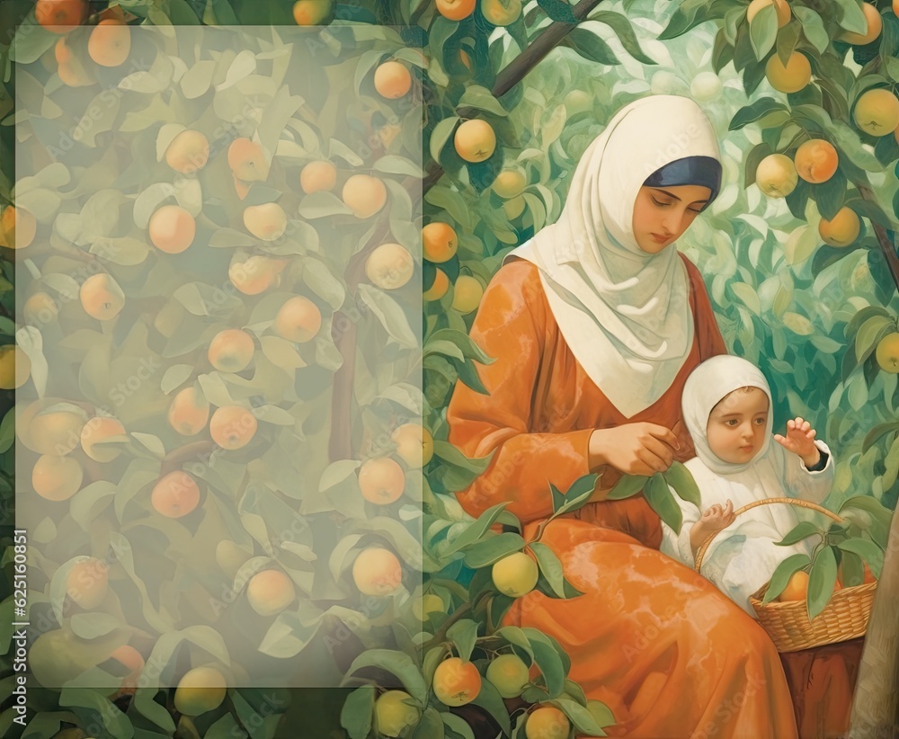 Muslim woman in an orchard picking peaches with her child. vintage style watercolour. For holiday cards. Generative AI