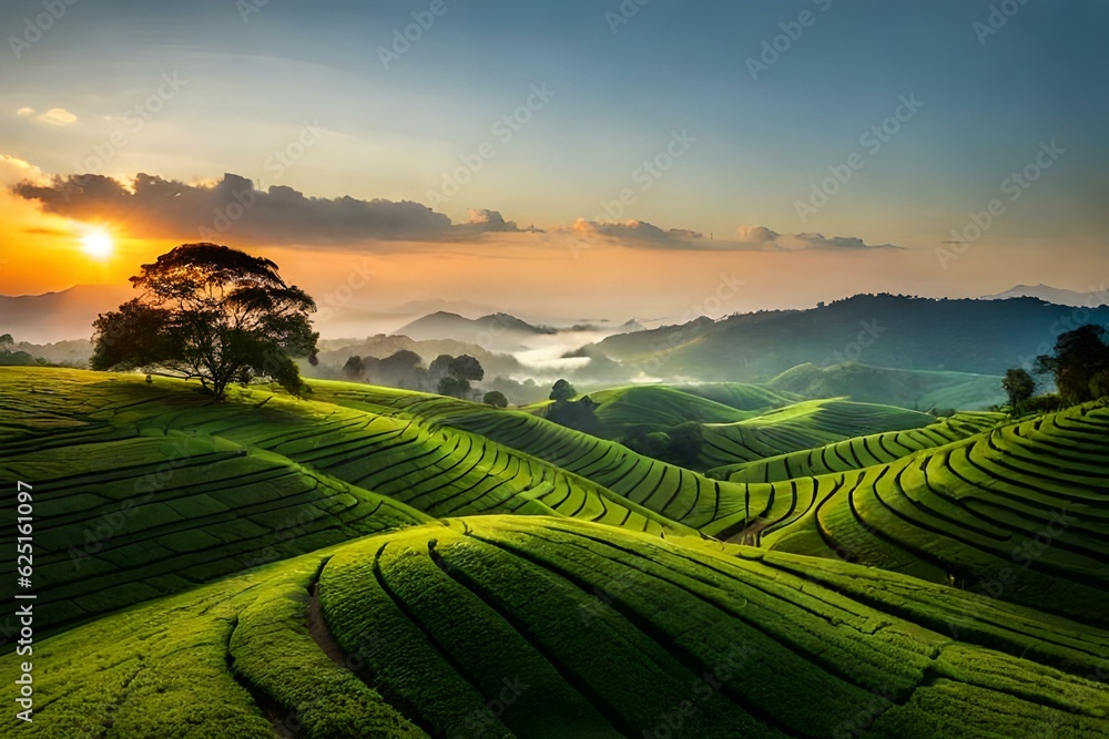 tea plantation fields with beautiful sunset