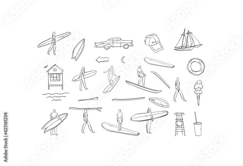 Hand drawn vector abstract simple minimalistic line art graphic drawing tropical people surfing icon illustration sign collection set isolated.Summer surf design concept.Tropical summer logo set.