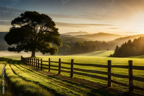 Fence at the edge of the field with beautiful sunset 