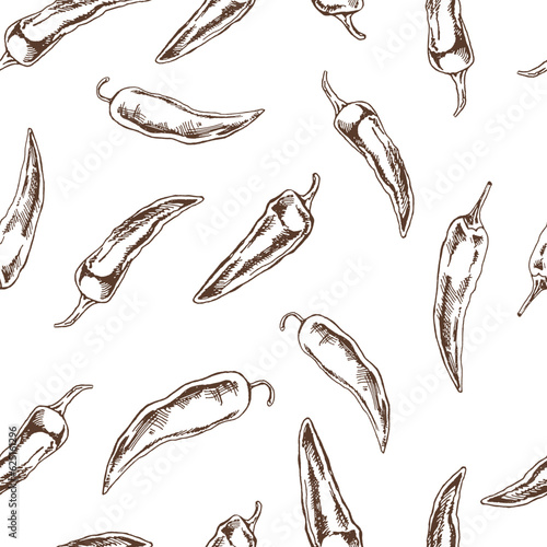 Fototapete Hand-drawn vector seamless pattern of chili pepper