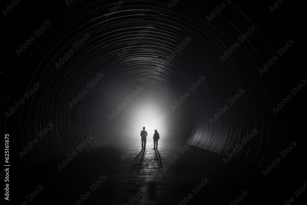 Figures Standing At The End Of Luminous Tunnel. Generative AI