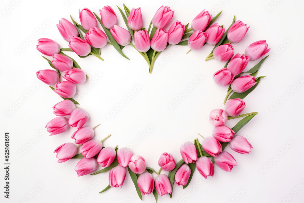 Frame Of Pink Tulips On White Background, Top View, Empty Space In The Center. Generative AI Frame Of Pink Tulips On White Background, Top View, Empty Space In The Center. Generative AI