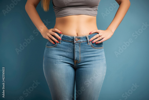 Woman With Thin Waist And Wide Hips In Tight Jeans And Top On Blue Background Showing Off The Results Of Her Diet. Generative AI