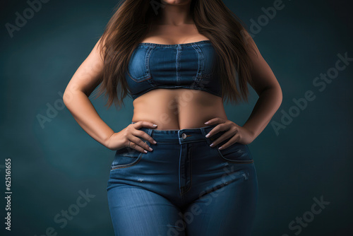 Woman With Thin Waist And Wide Hips In Tight Jeans And Top On Blue Background. Generative AI