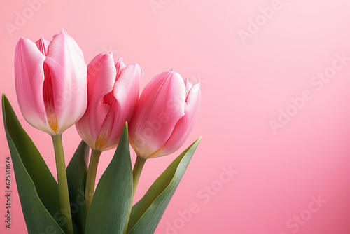 Closeup Of Pink Tulips On Pink Background. Generative AI