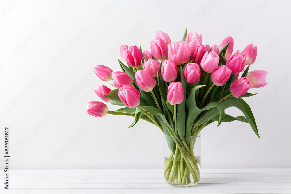 Large Bouquet Of Pink Tulips On White Background. Generative AI Large Bouquet Of Pink Tulips On White Background. Generative AI
