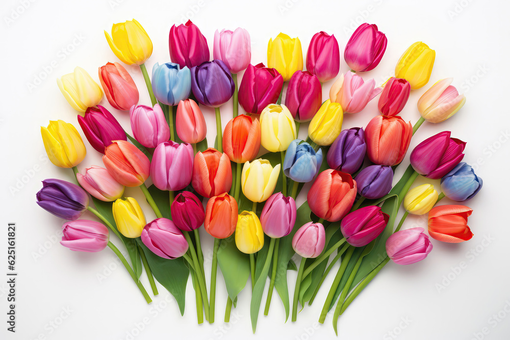 Multicolored Tulips On White Background, Top View. Generative AI Multicolored Tulips On White Background, Top View. Generative AI