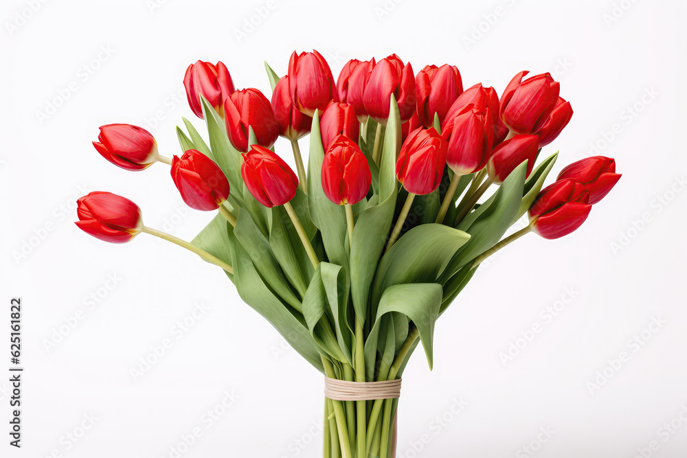 Large Bouquet Of Red Tulips On White Background. Generative AI