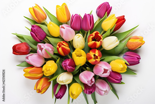 Multicolored Tulips On White Background  Top View. Generative AI