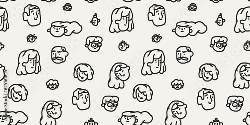 Simple naive hand drawn people portrait seamless pattern for package, wrapping paper, textile print design. Creative trendy horizontal background with different diverse multiracial character faces.