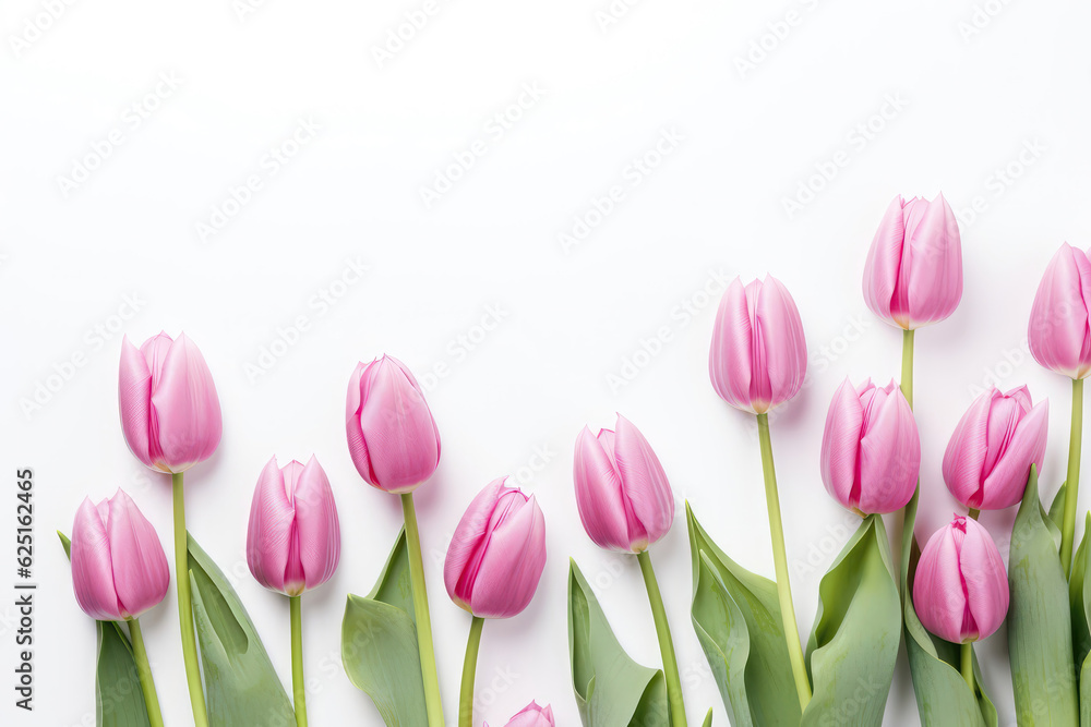 Pink Tulips Lying At Distance From Each Other On White Background, Top View. Generative AI Pink Tulips Lying At Distance From Each Other On White Background, Top View. Generative AI