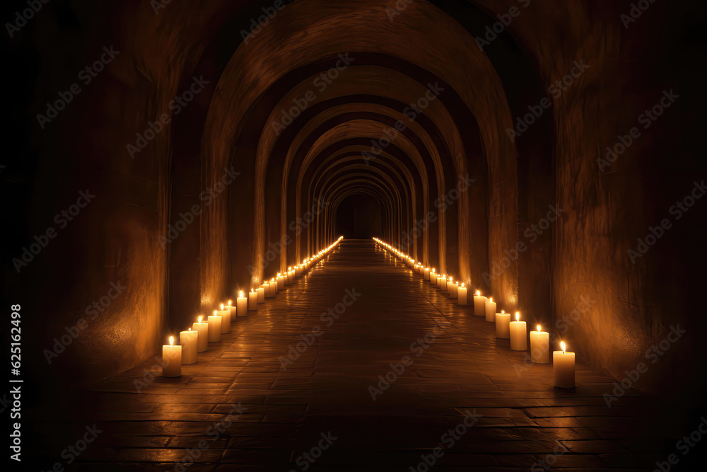 Soft Candlelight Shining At The End Of Narrow Tunnel. Generative AI