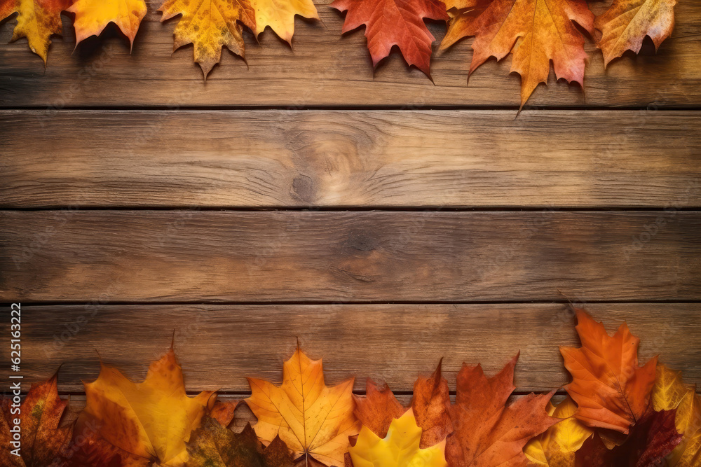 Empty Space Of Wooden Surface With Autumn Leaves, Top View. Generative AI Empty Space Of Wooden Surface With Autumn Leaves, Top View. Generative AI