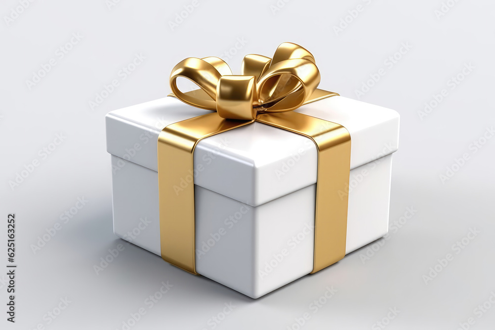 Fototapeta premium White Gift Box With Gold Ribbon On White Background, 3D. Generative AI